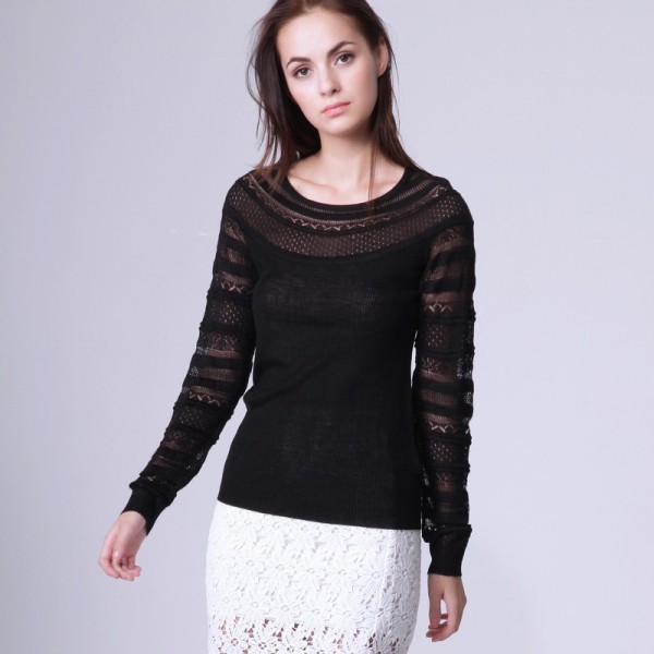 瑪拉咔囉2015早秋新品女裝歐美鏤空針織衫女套頭毛衣純色羊毛衫工廠,批發,進口,代購
