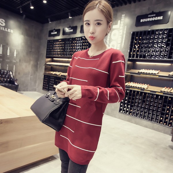 2015秋裝新款韓版條紋毛衣長袖中長款寬松套頭針織衫女工廠,批發,進口,代購