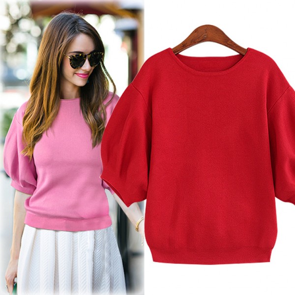 歐洲站2015秋季新款百搭糖果色燈籠袖針織上衣加厚套頭針織衫毛衣工廠,批發,進口,代購