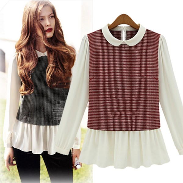 歐洲站2015新款大碼女裝雪紡拼接長袖針織上衣娃娃領T恤襯衫批發工廠,批發,進口,代購