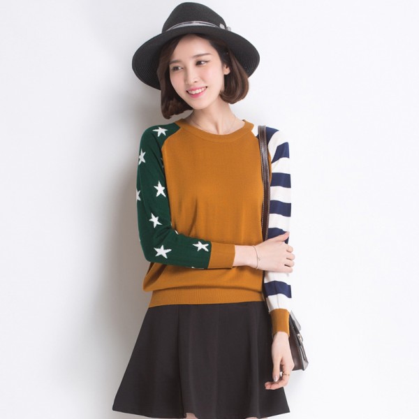 爆款秋冬新款韓版女圓領套頭毛衣女 六色拼接星星打底衫針織衫工廠,批發,進口,代購