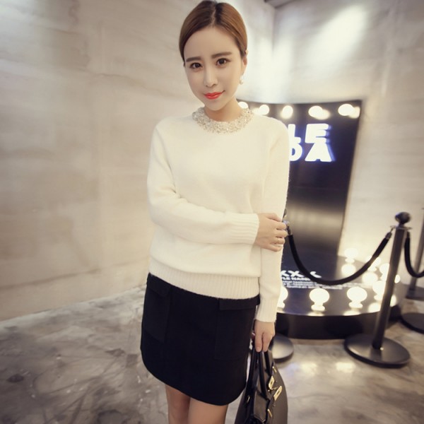 2015新款女裝秋裝長袖針織衫純色百搭圓領套頭寬松珍珠領毛衣韓國工廠,批發,進口,代購