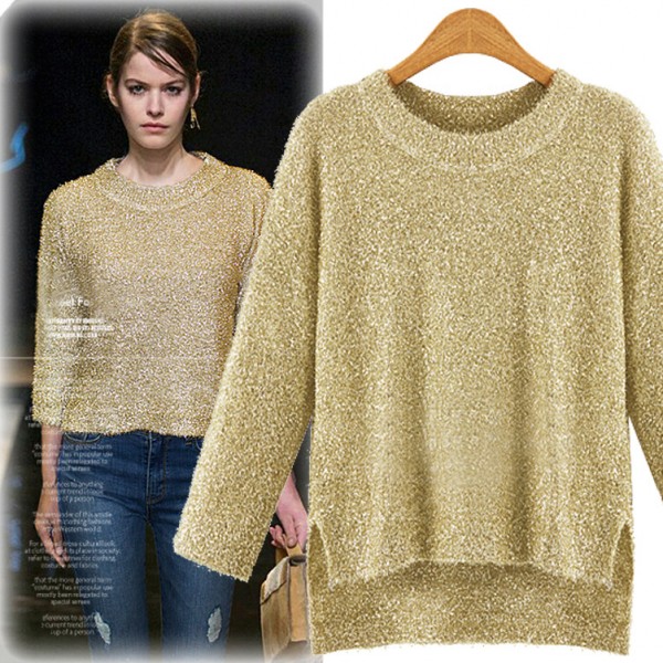 歐洲站2015秋季新款前短後長針織衫女裝圓領亮絲套頭毛衣針織上衣工廠,批發,進口,代購