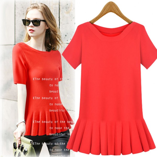 歐洲站2015秋裝新品圓領裙下擺短袖打底針織衫歐美女裝修身打底衫工廠,批發,進口,代購