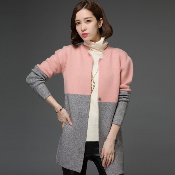 彩凰秋冬裝新款韓版中長款暗扣毛衣大碼拼色女式針織開衫毛衫外套工廠,批發,進口,代購