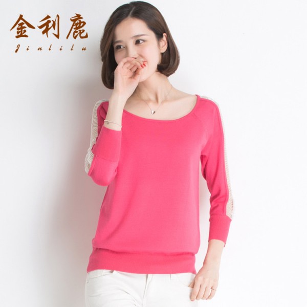 金利鹿2015春季新品紗網拼接女式針織衫 通勤一字領氣質女裝批發工廠,批發,進口,代購