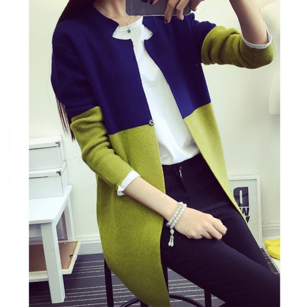 2015秋季新品 韓版女裝撞色毛衣外套中長款針織衫女開衫工廠,批發,進口,代購