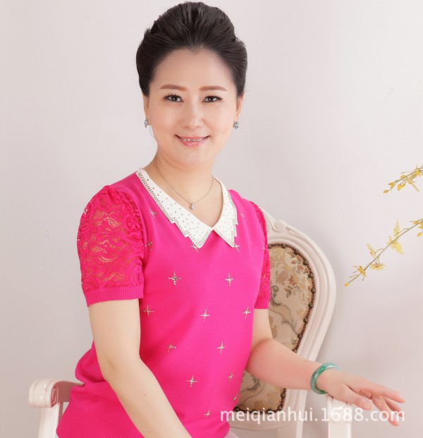 2015夏季中老年新款 純色鑲鉆短袖T恤時尚中年媽媽裝翻領針織衫女工廠,批發,進口,代購