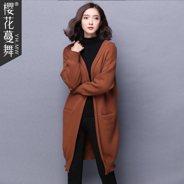 已質檢2015冬裝新款 連帽長袖針織衫外套純色長款開衫上衣女工廠,批發,進口,代購