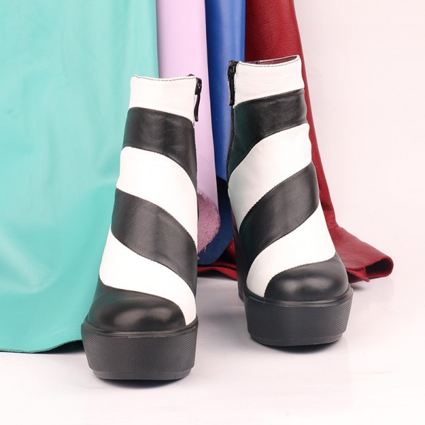 黑白條紋歐美時尚新款女士短靴 舒適低筒頭層牛皮潮流女鞋 批發工廠,批發,進口,代購