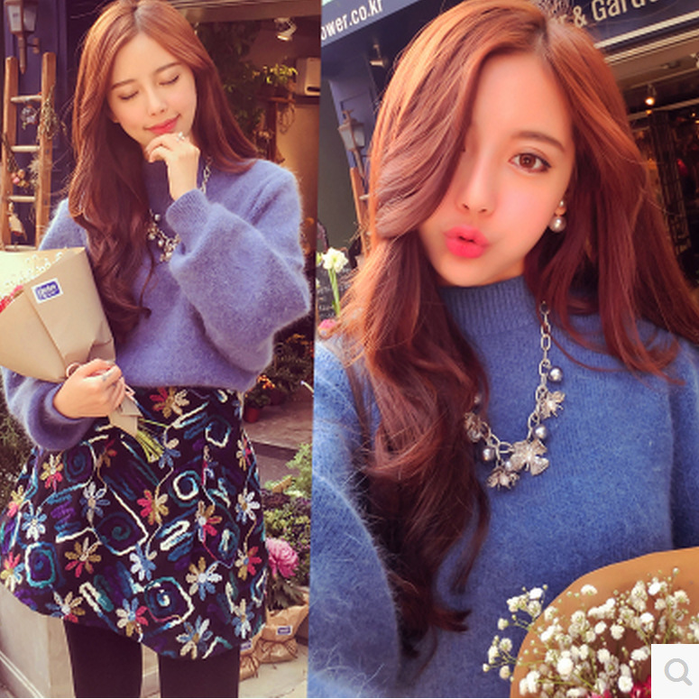 小銀子同款2015冬裝新款韓國范簡約泡泡袖兔毛套頭毛衣女工廠,批發,進口,代購