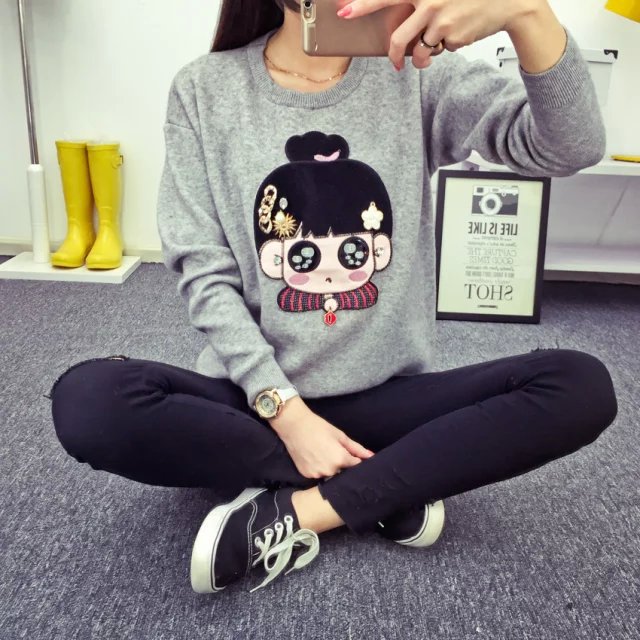 2015秋冬新款卡通毛衣女 韓版女孩頭像兔絨針織衫百搭打底毛衣工廠,批發,進口,代購
