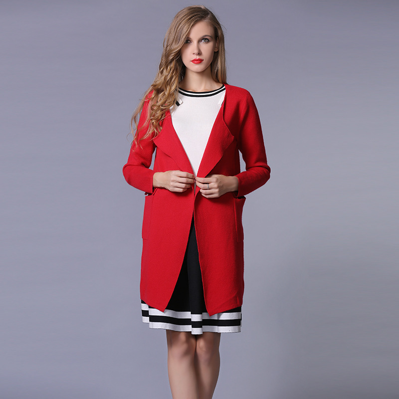 獨傢定製 秋冬新款歐美大紅色毛衣外套大衣 女士針織衫外套385批發・進口・工廠・代買・代購