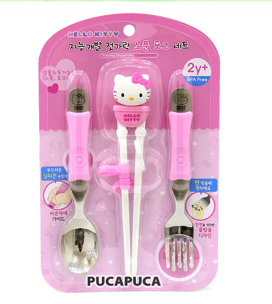 韓國正品進口hello kitty凱蒂貓兒童卡通學習筷 不銹鋼勺叉套裝工廠,批發,進口,代購