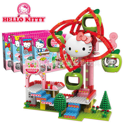 hello kitty女孩積木玩具益智拼裝積木上鏈發條音樂盒遊樂園積工廠,批發,進口,代購