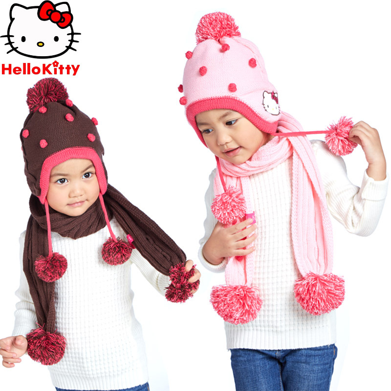 女童帽子圍巾兩件套裝Hello kitty冬保暖兒童護耳套頭寶寶針織帽工廠,批發,進口,代購