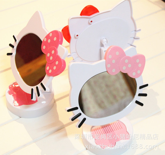 Hello Kitty 頭型鏡子  臺式化妝鏡  旋轉化妝鏡 卡通自帶小梳子批發・進口・工廠・代買・代購