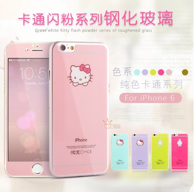 蘋果6手機膜iPhone6 Plus閃粉卡通鋼化玻璃膜hello kitty圖前後膜工廠,批發,進口,代購