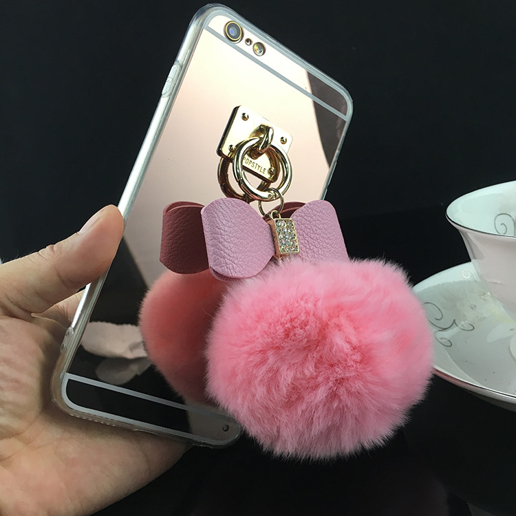 獺兔毛毛球手機殼iphone6plus/6 S 電鍍鏡麵手機套水鉆蝴蝶結吊墜工廠,批發,進口,代購