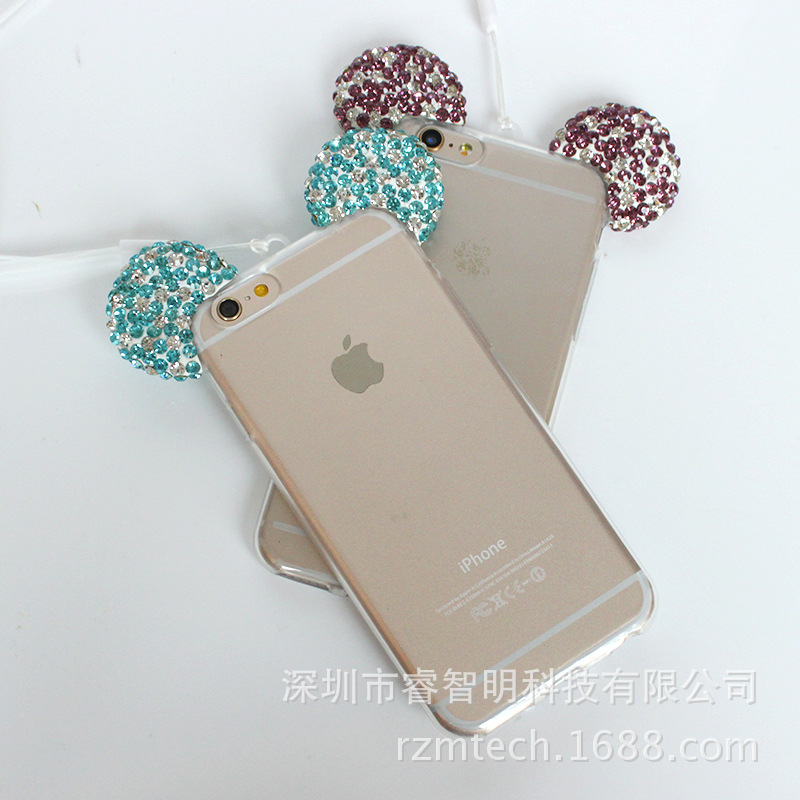 新款iphone6s米奇耳朵鑲鉆掛繩手機殼蘋果6splus手機配件保護套工廠,批發,進口,代購