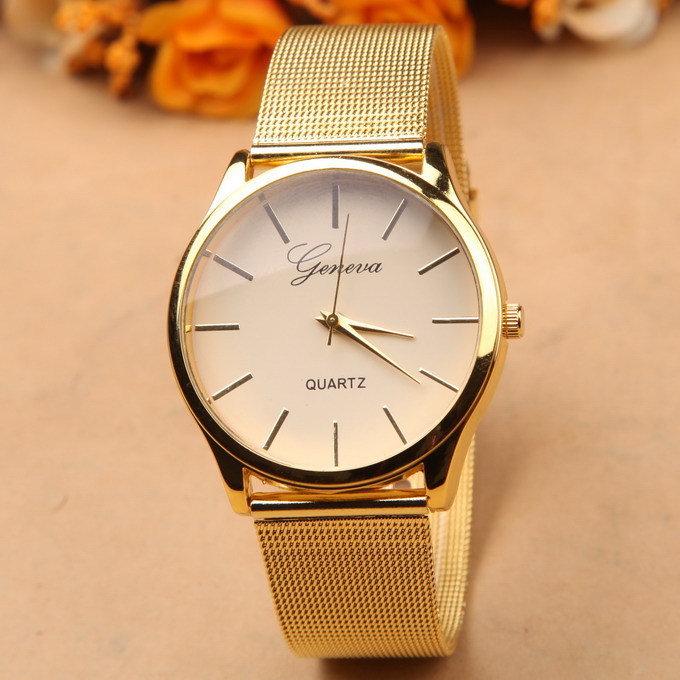 外貿現貨 簡約時尚金色網帶男女士手錶 合金Geneva日內瓦石英手錶工廠,批發,進口,代購