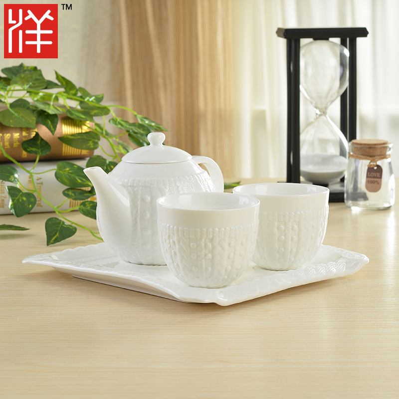 高檔骨瓷4件套茶壺 毛線浮雕精致高雅陶瓷茶壺咖啡壺配彩盒工廠,批發,進口,代購