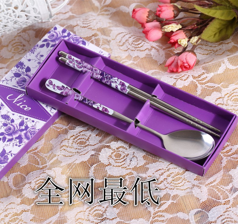 紫色玫瑰2件套禮盒餐具商務婚慶回禮滿月送禮勺子筷子禮盒裝定製工廠,批發,進口,代購
