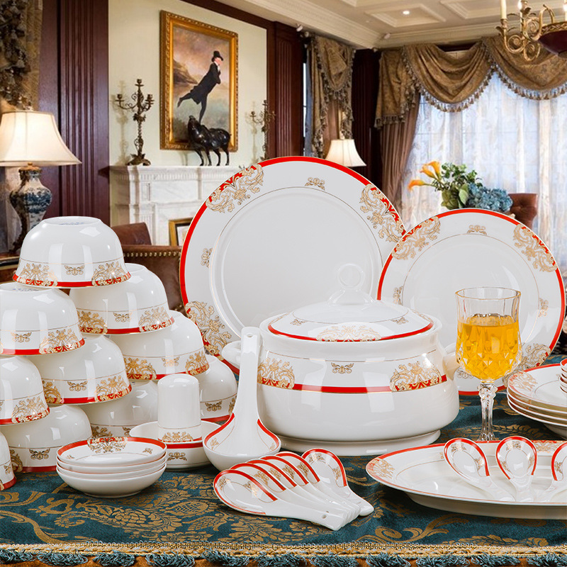 景德鎮56頭骨瓷餐具套裝陶瓷器碗碟套碗紅色維多利亞禮品瓷工廠,批發,進口,代購