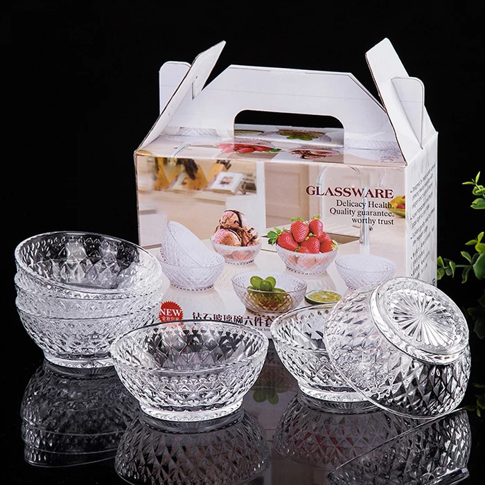 廠傢新款高檔水晶白料玻璃鉆石碗6件套 沙拉碗 米飯碗 禮品創意批發・進口・工廠・代買・代購