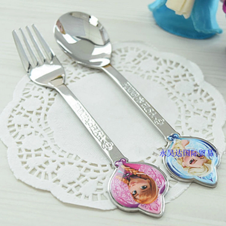 韓國進口兒童勺叉餐具套裝冰雪奇緣Frozen 學生卡通不銹鋼叉勺2件工廠,批發,進口,代購