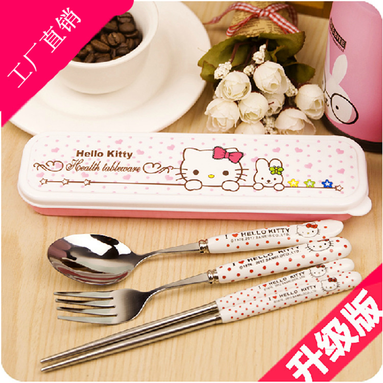 韓國卡通hello Kitty 陶瓷柄不銹鋼餐具叉勺筷子三件套便攜套裝工廠,批發,進口,代購