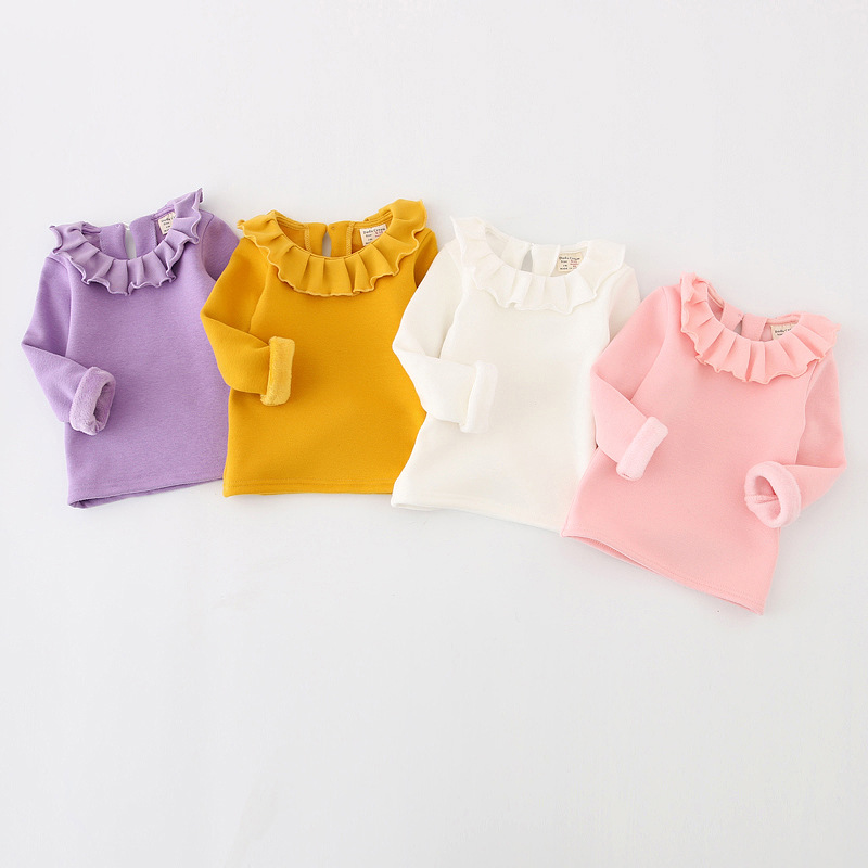 2015冬新款女童木耳邊褶皺領加絨加厚打底衫荷葉領純棉T恤工廠,批發,進口,代購