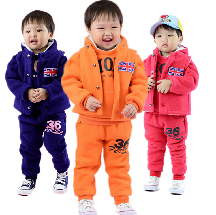 童裝 冬裝新款韓版 寶寶米字旗加絨加厚純棉衛衣三件套裝工廠,批發,進口,代購