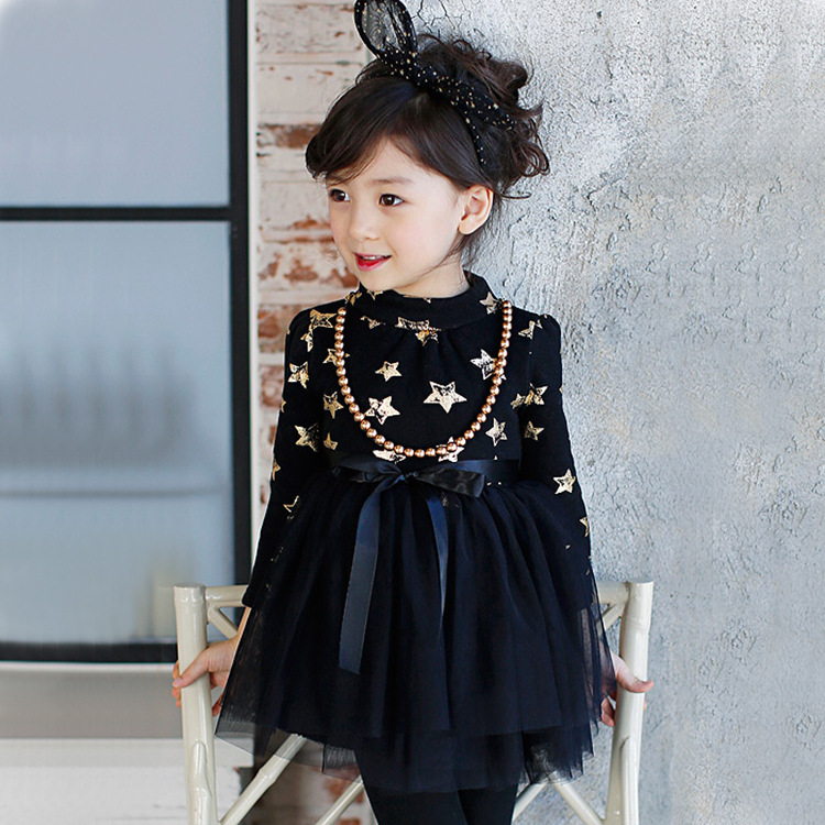 韓國童裝 淘寶爆款女童連衣裙長袖加絨加厚童裙星星公主裙15271工廠,批發,進口,代購