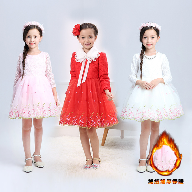 童裙 2015冬季韓國童裝繡花長袖公主裙女童加絨連衣裙兒童花童裙工廠,批發,進口,代購