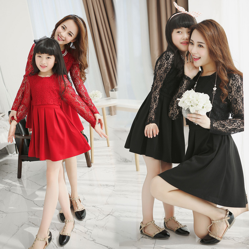 1557 2015春裝新款 韓版兩色蕾絲袖連衣裙親子裝批發代理 母女裝工廠,批發,進口,代購