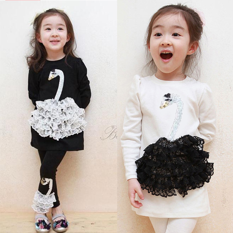 2015春款韓版童裝 小天鵝拉架棉長袖童套裝 黑白長款兩件套批發工廠,批發,進口,代購