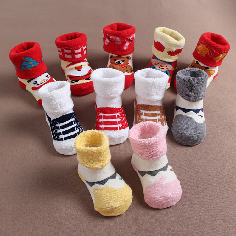 新款 0-2歲聖誕老人款全棉兒童加厚保暖毛圈襪子 寶寶拉毛毛巾襪工廠,批發,進口,代購