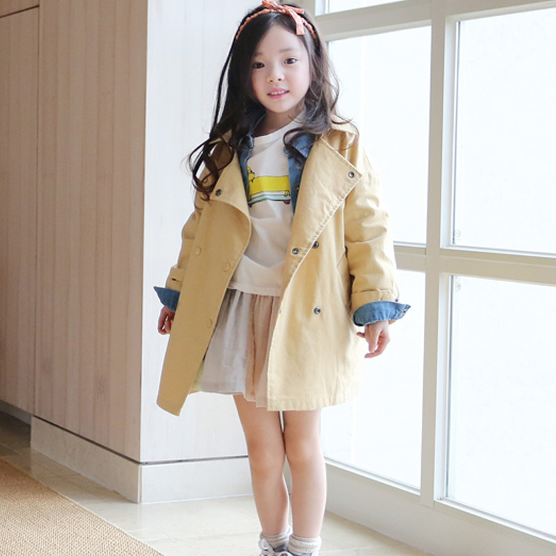 韓國童裝2015親子裝女童風衣中大童雙排扣外套兒童外套中長款潮工廠,批發,進口,代購
