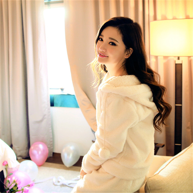 韓國爆款法蘭絨加厚加暖 連帽女士睡衣純色氣質高貴白色傢居服工廠,批發,進口,代購