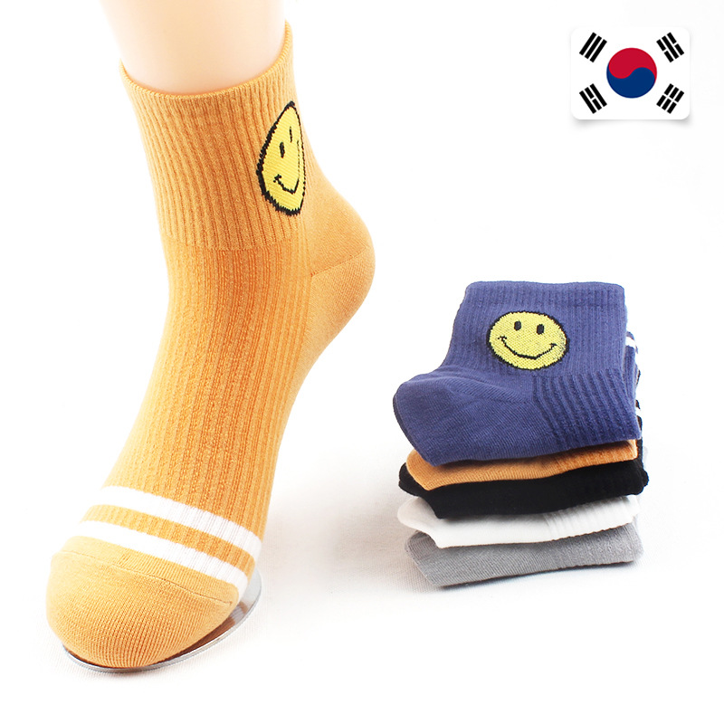 韓國進口襪子批發時尚新款簡約大方韓版橫條笑臉系列女士中腰棉襪工廠,批發,進口,代購