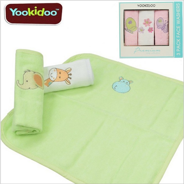 Yookidoo嬰兒雙層純色刺繡細柔洗麵巾毛巾浴巾口水巾3條禮盒裝工廠,批發,進口,代購