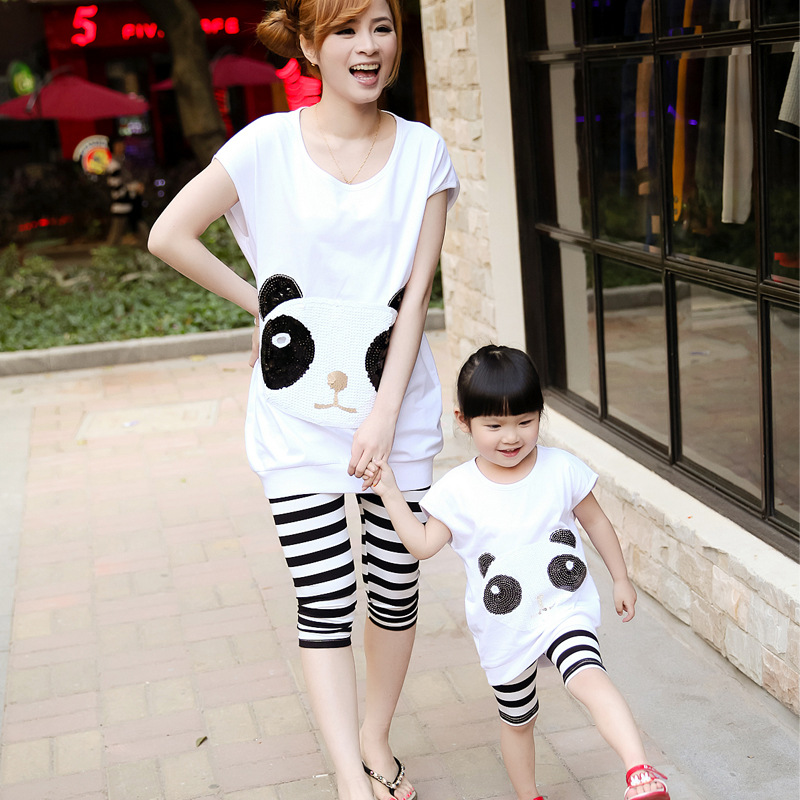 2014夏裝新款親子母女 韓版兩件套熊貓亮片母女親子裝 夏裝母女裝工廠,批發,進口,代購