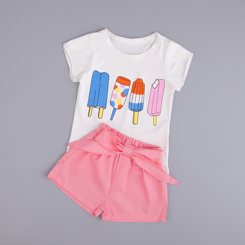 童裝一件代發 2016新款女童韓版冰淇淋印花短袖T恤+短褲套裝 L112工廠,批發,進口,代購