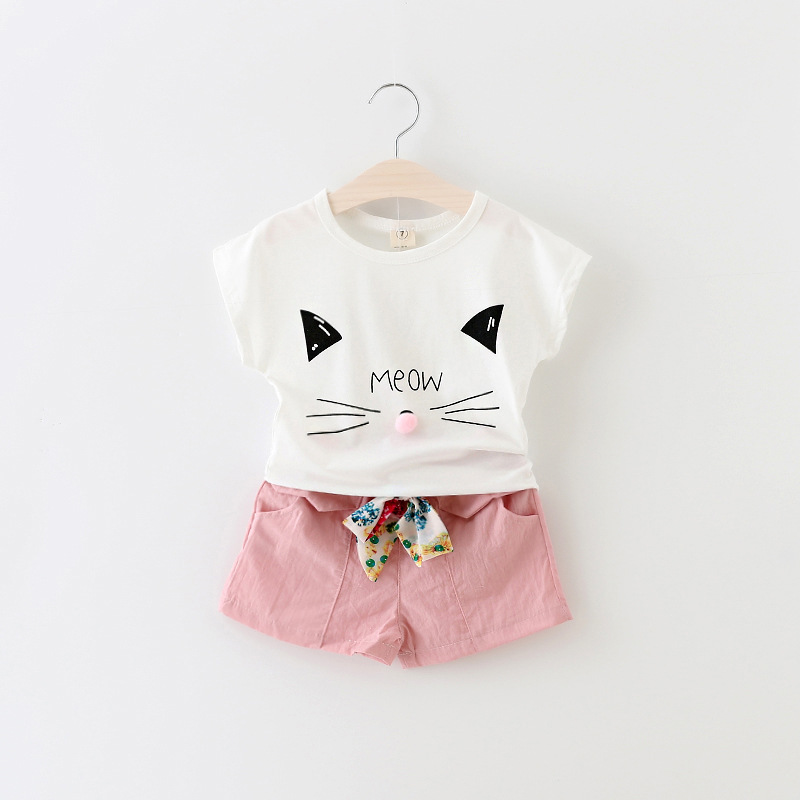 童裝一件代發 2016新款女童韓版貓咪球球短袖T恤+短褲套裝 T148工廠,批發,進口,代購