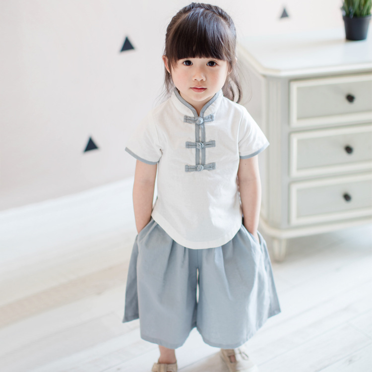 貝優可2016夏季款新品 外貿童裝 純棉立領短袖漢服女童套裝20936工廠,批發,進口,代購