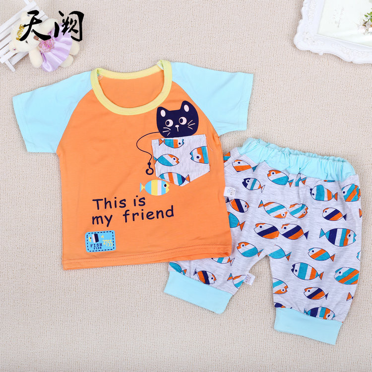 天闕童裝夏季嬰幼兒服裝 純棉貓咪魚男童套裝 兩件套寶寶套裝批發工廠,批發,進口,代購