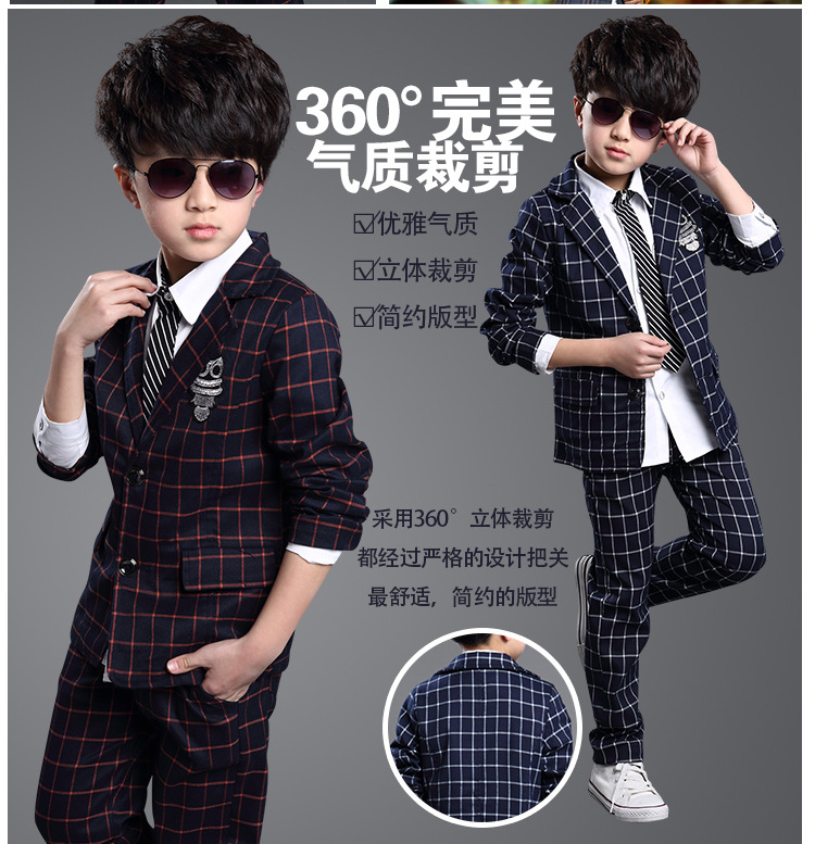韓版兒童男童春秋潮流西裝套裝男生外套中大童小西服花童格子禮服工廠,批發,進口,代購