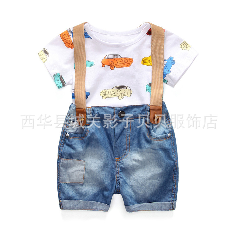 男童夏裝嬰兒牛仔背帶褲套裝寶寶純棉短袖卡通兩件套童裝批發零售工廠,批發,進口,代購
