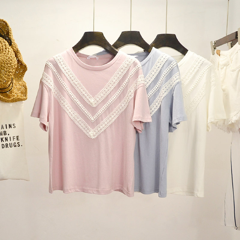 V型蕾絲拼接純棉T恤女 韓國東大門女裝新品 圓領短袖寬松百搭786工廠,批發,進口,代購
